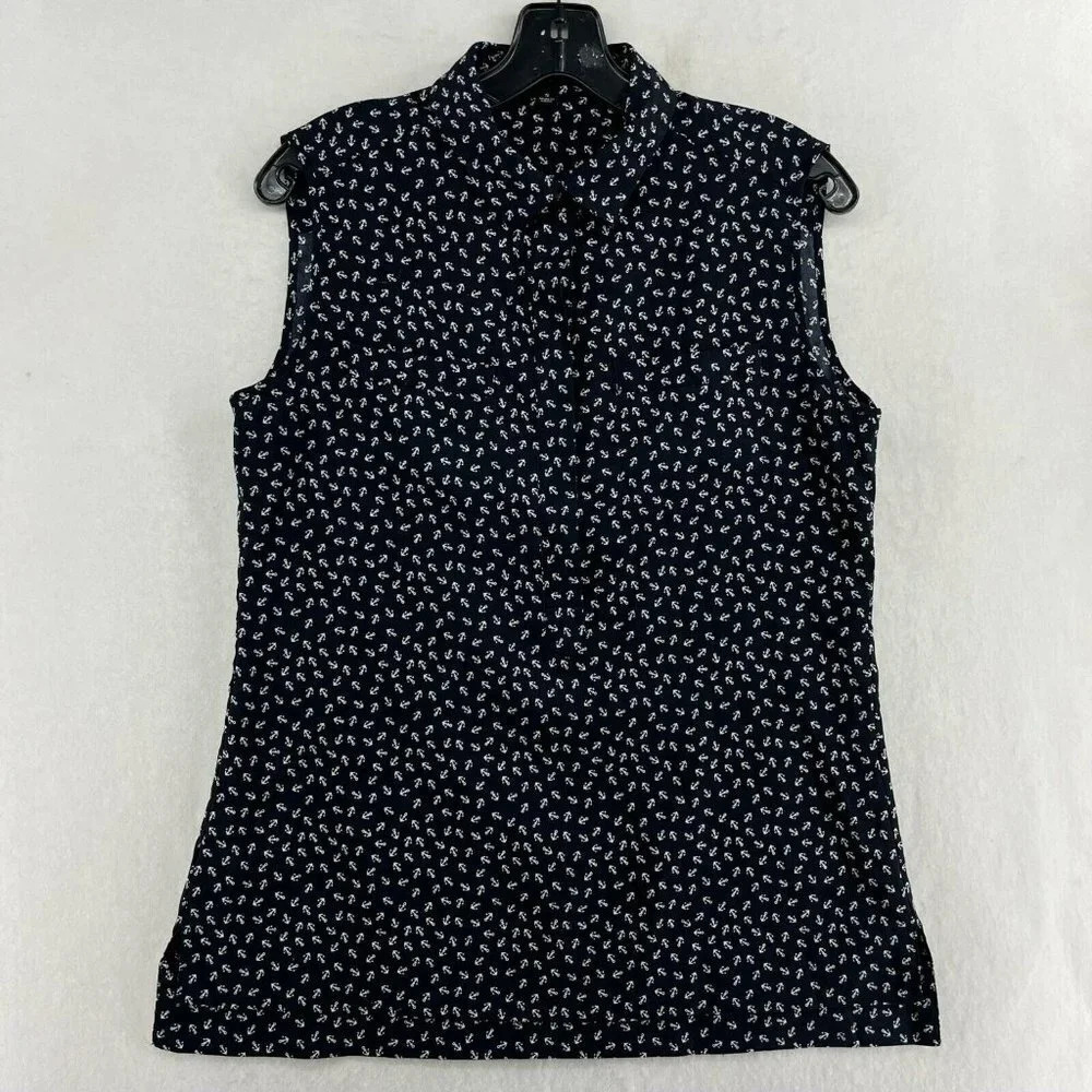Ann Taylor Button-Up Shirt Women's Sz S Black Anchor Print Collared Side Slit - Picture 1 of 11